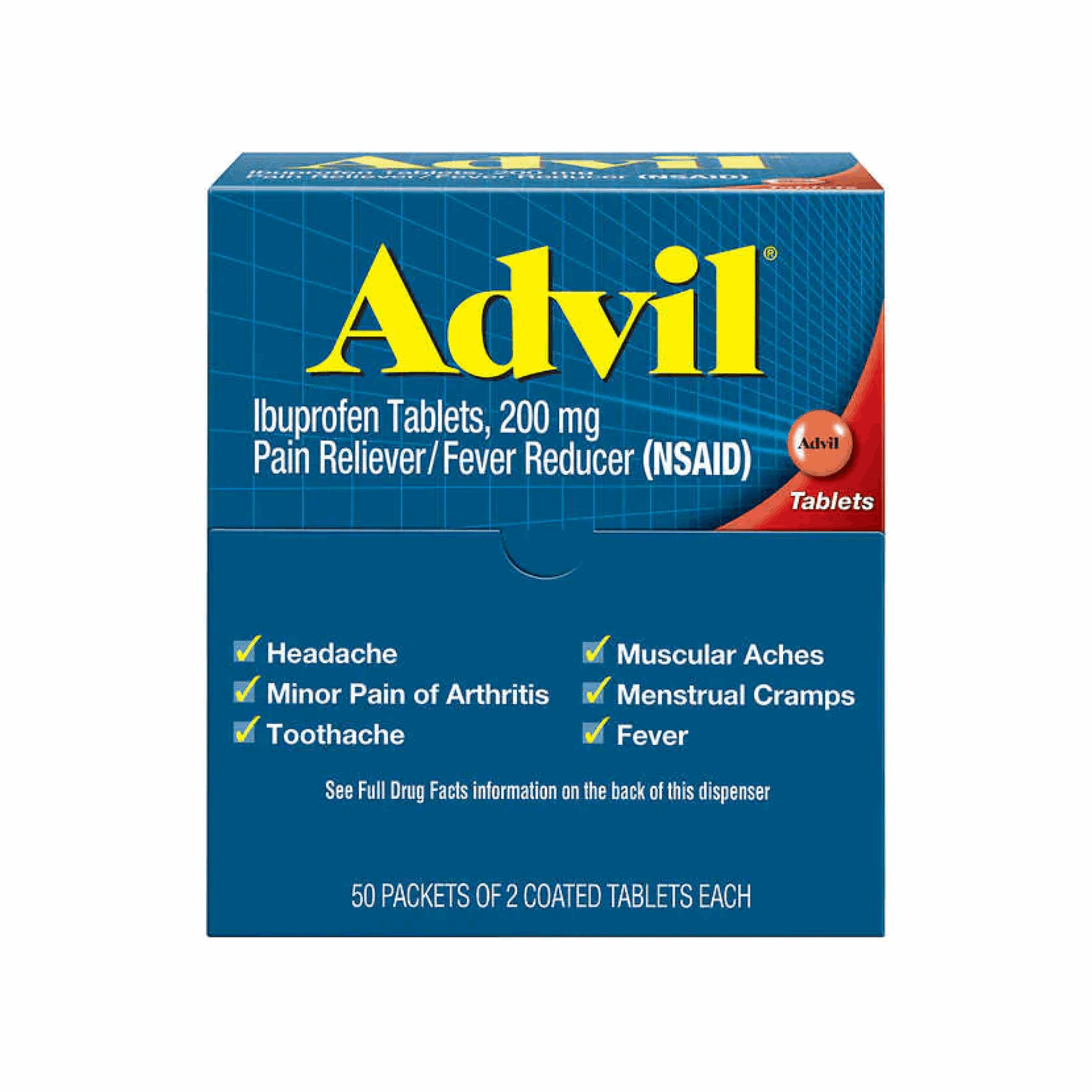 Advil Ibuprofen 200mg 50 Packets of 2 Tablets