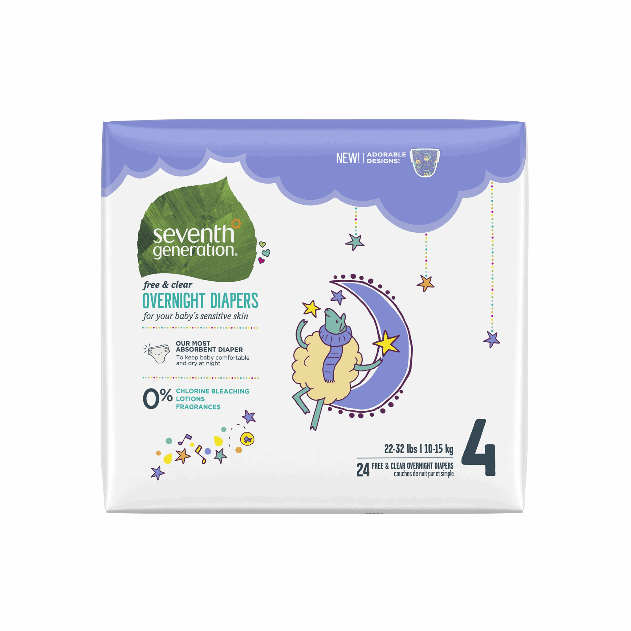 Seventh Generation Baby Diapers, Size 4, Sensitive Overnights 24ct (Case of 4)