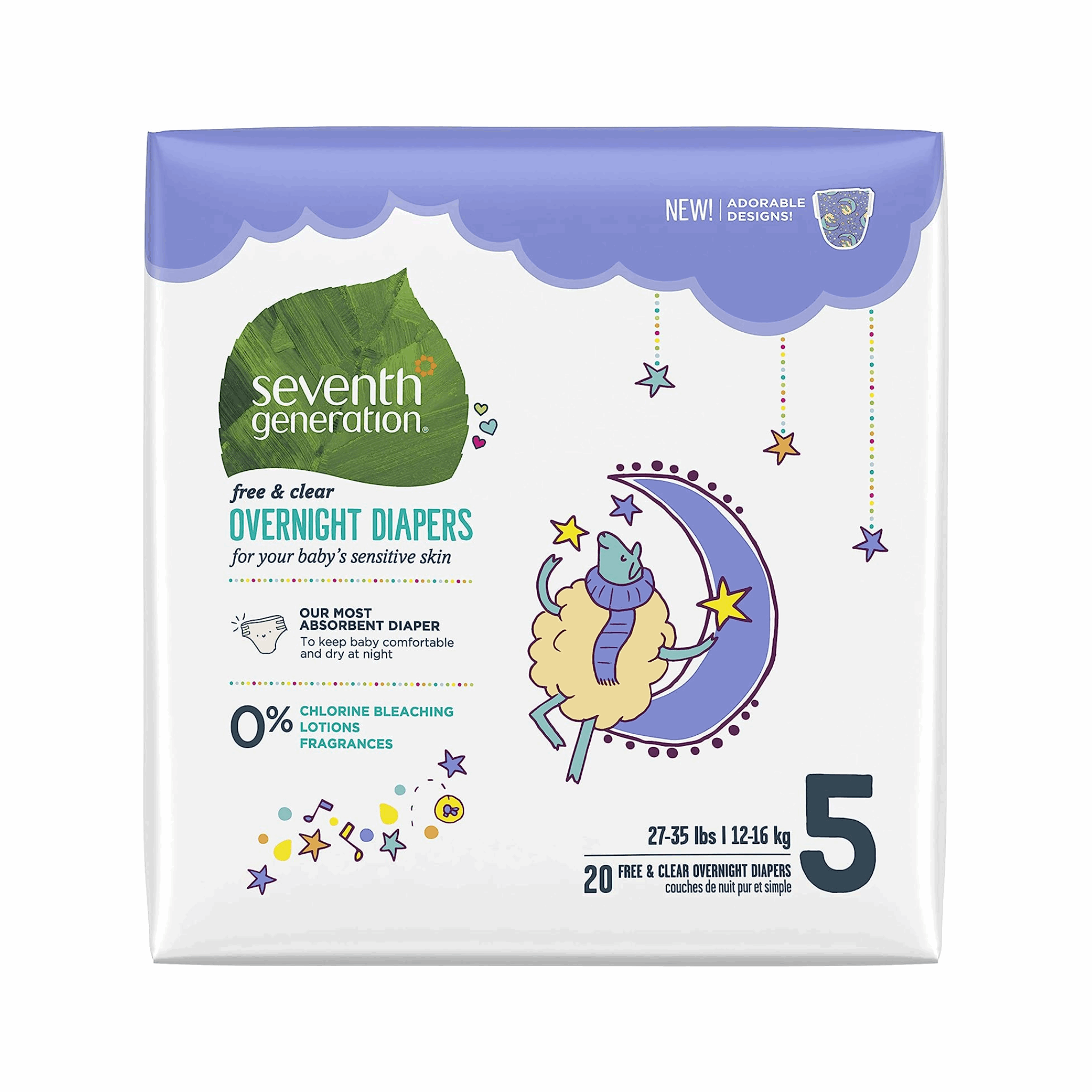 Seventh Generation Baby Diapers, Size 5, for Sensitive Skin Overnights 20ct (Case of 4)